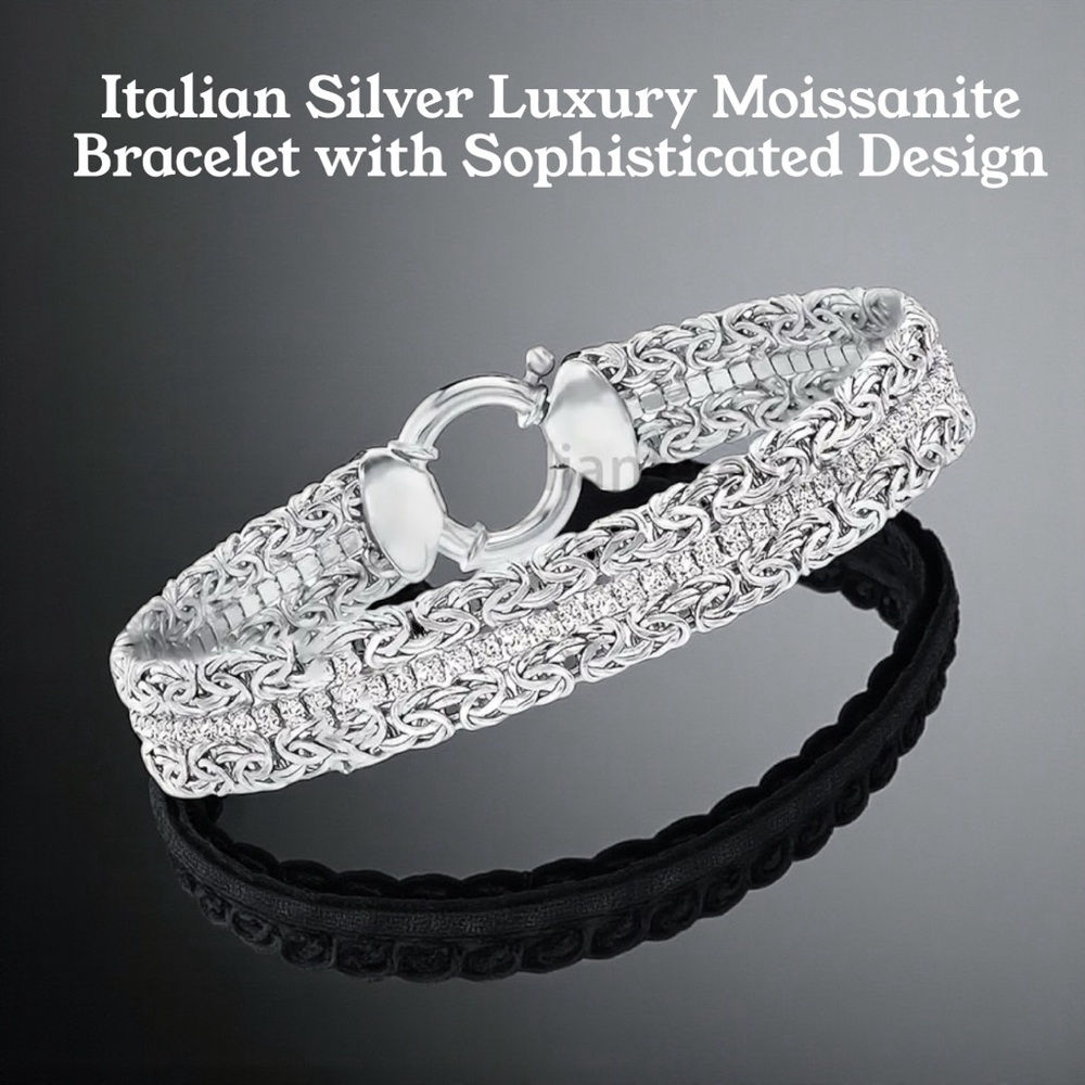 Italian Sterling Silver Luxury Moissanite Bracelet w/ Sophisticated Woven Design